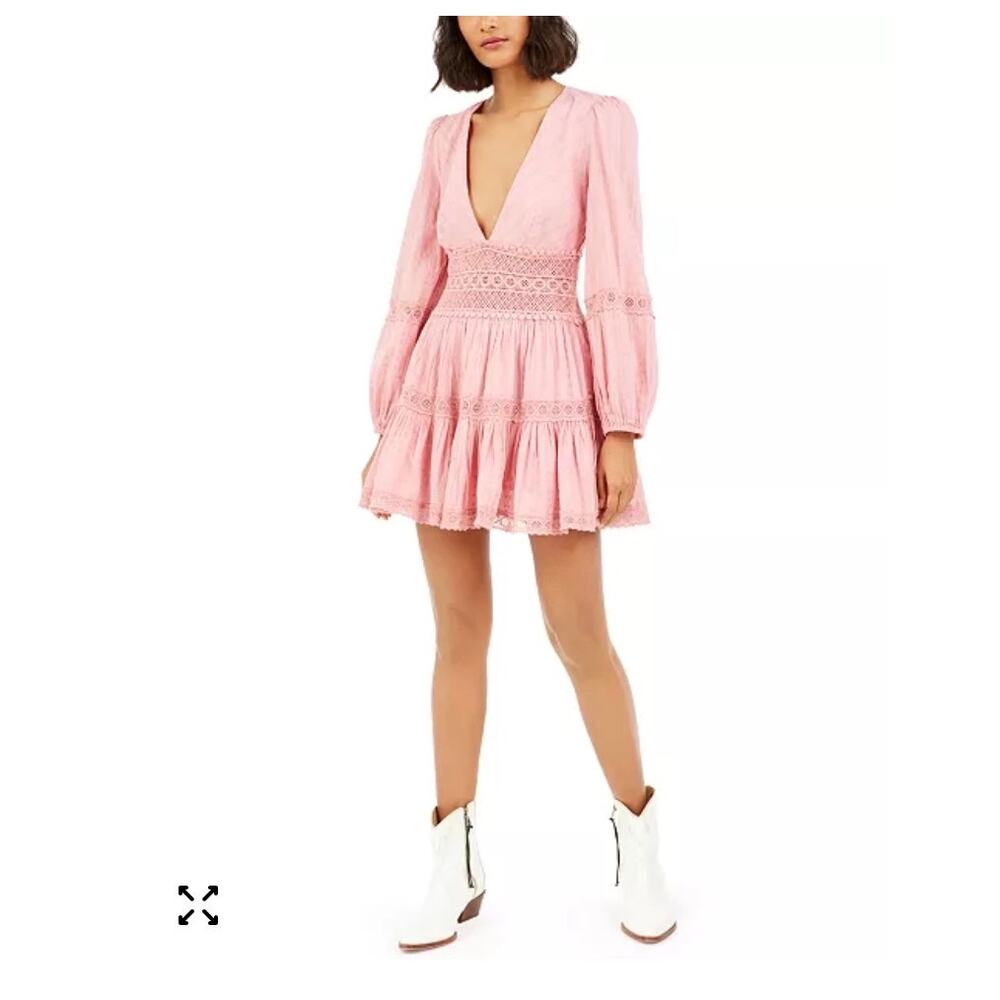 Free People The Delightful Dusty Pink long sleeve vneck tiered cotton Mini Dress